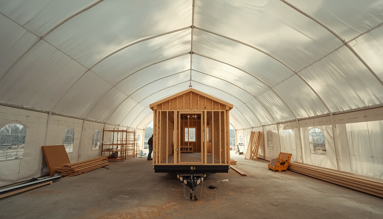 Render — workshop interior with a tiny home frame in morning light